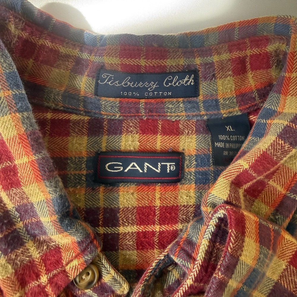 GANT Mens XL Red Plaid Flannel Button Up Shirt Tisberry Cloth 100 Cotton - Picture 2 of 11